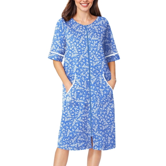 Ekouaer Women Zipper Robe Short Sleeve Duster Housecoat Short Bathrobes Zip Front Nightgown with Pockets