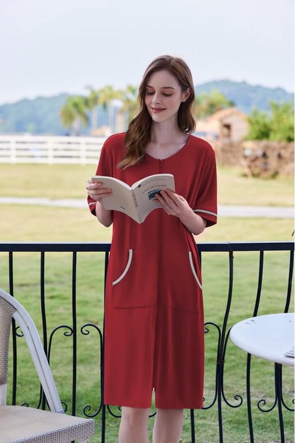 Women Zipper Robe Short Sleeve Duster Housecoat Short Bathrobes Zip Front Nightgown with Pockets