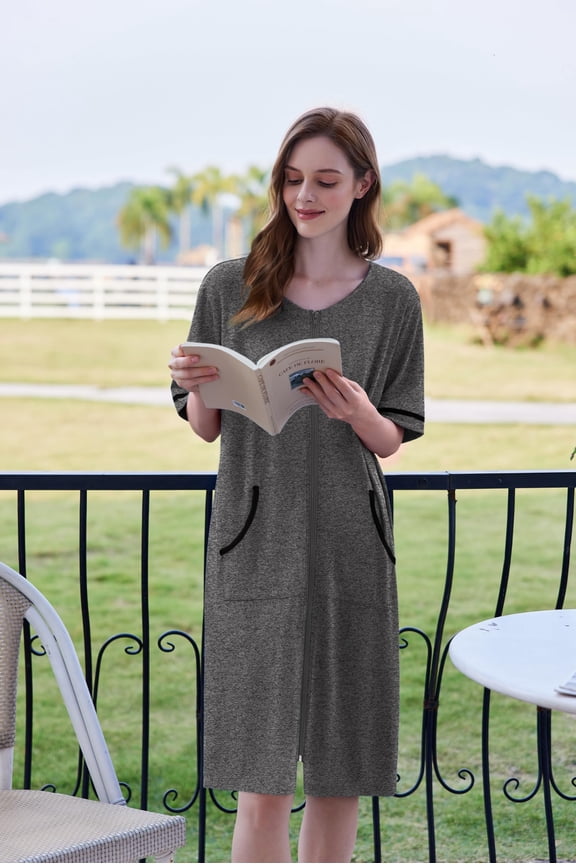 Women Zipper Robe Short Sleeve Duster Housecoat Short Bathrobes Zip Front Nightgown with Pockets