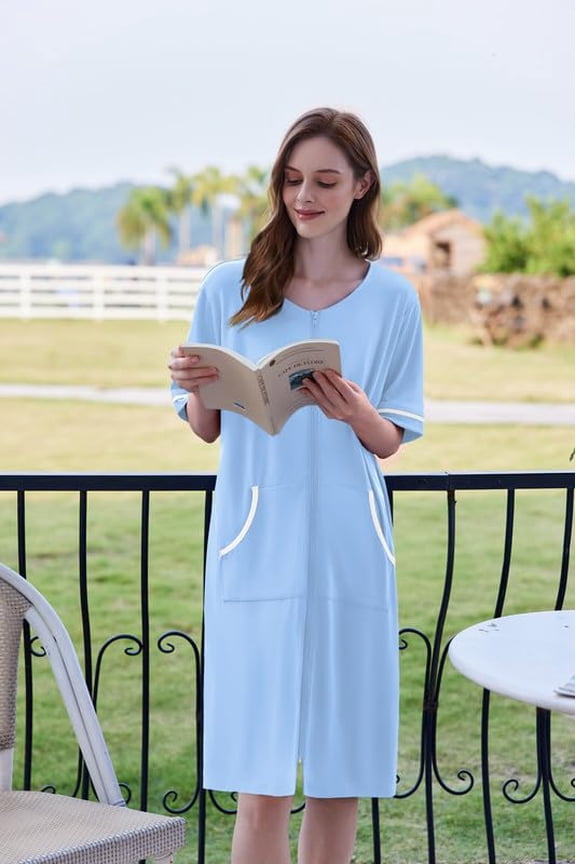 Women Zipper Robe Short Sleeve Duster Housecoat Short Bathrobes Zip Front Nightgown with Pockets