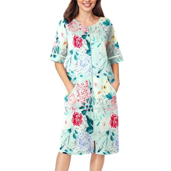 Ekouaer Women Zipper Robe Short Sleeve Duster Housecoat Short Bathrobes Zip Front Nightgown with Pockets
