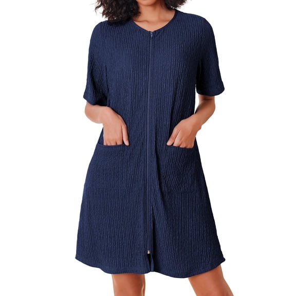 Ekouaer Women Zipper Robe Short Sleeves House Dress Knit Short Bathrobe Sleepwear with Pockets Housecoat Nightgown