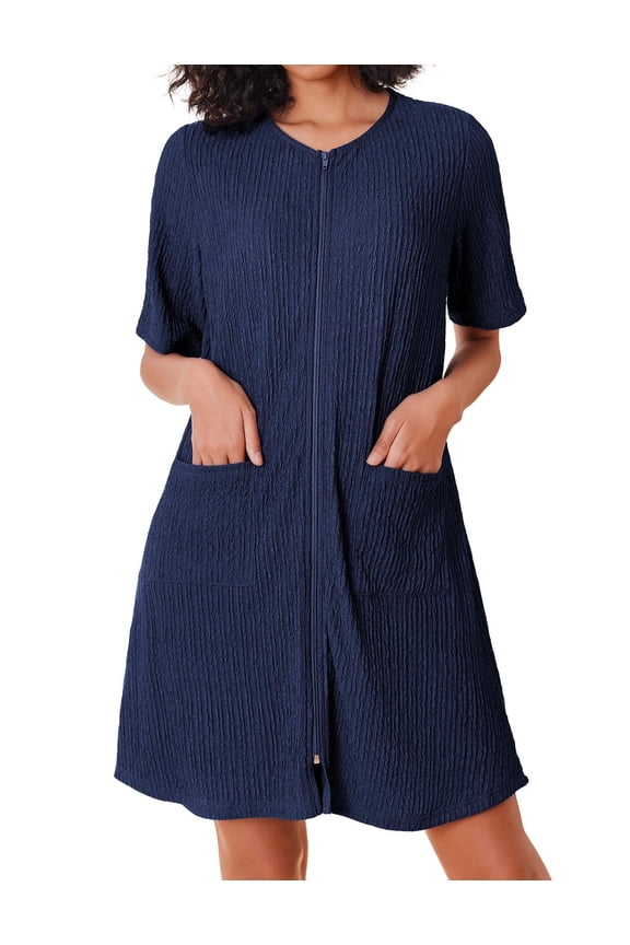 Women Zipper Robe Short Sleeves House Dress Knit Short Bathrobe Sleepwear with Pockets Housecoat Nightgown
