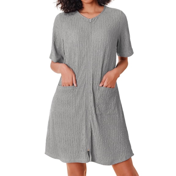 Ekouaer Women Zipper Robe Short Sleeves House Dress Knit Short Bathrobe Sleepwear with Pockets Housecoat Nightgown