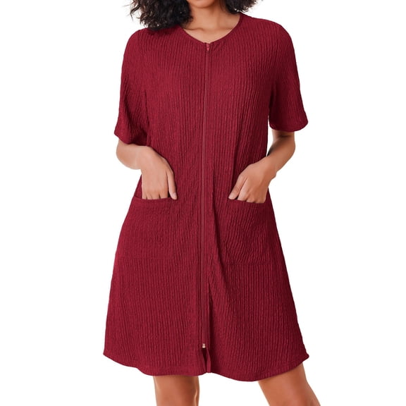 Ekouaer Women Zipper Robe Short Sleeves House Dress Knit Short Bathrobe Sleepwear with Pockets Housecoat Nightgown