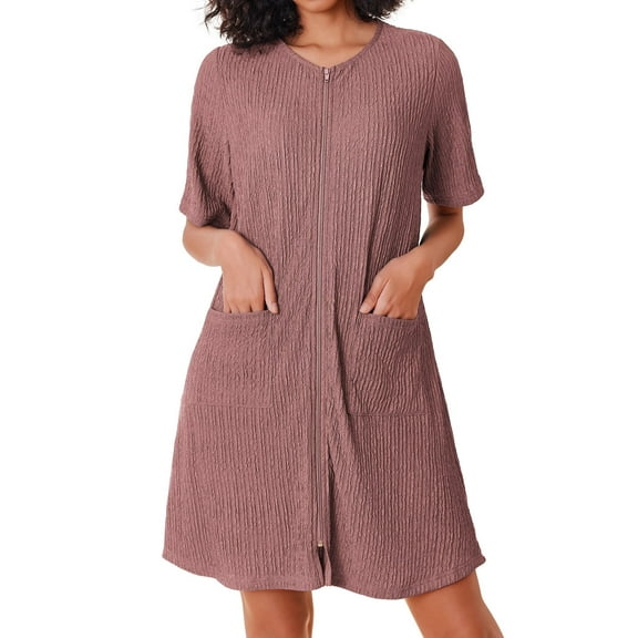 Ekouaer Women Zipper Robe Short Sleeves House Dress Knit Short Bathrobe Sleepwear with Pockets Housecoat Nightgown