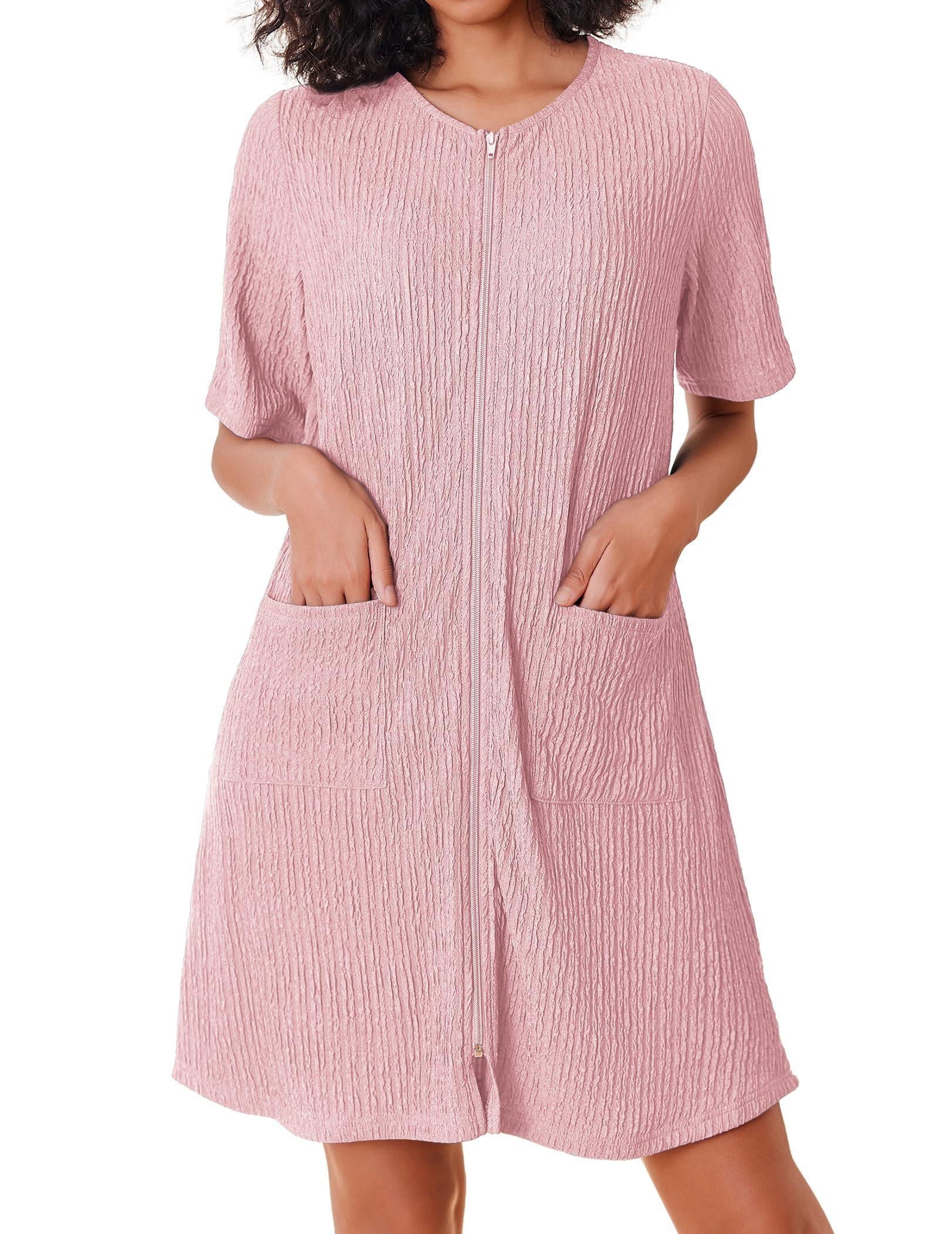 Ekouaer, Women Zipper Robe, Short Sleeves, House Dress with Pockets ...