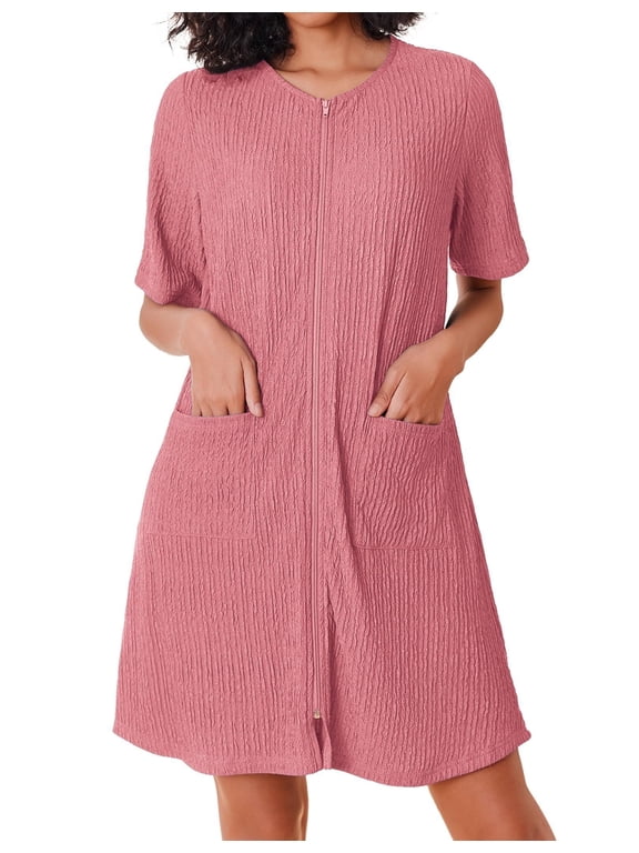 Women Zipper Robe Short Sleeves House Dress Knit Short Bathrobe Sleepwear with Pockets Housecoat Nightgown