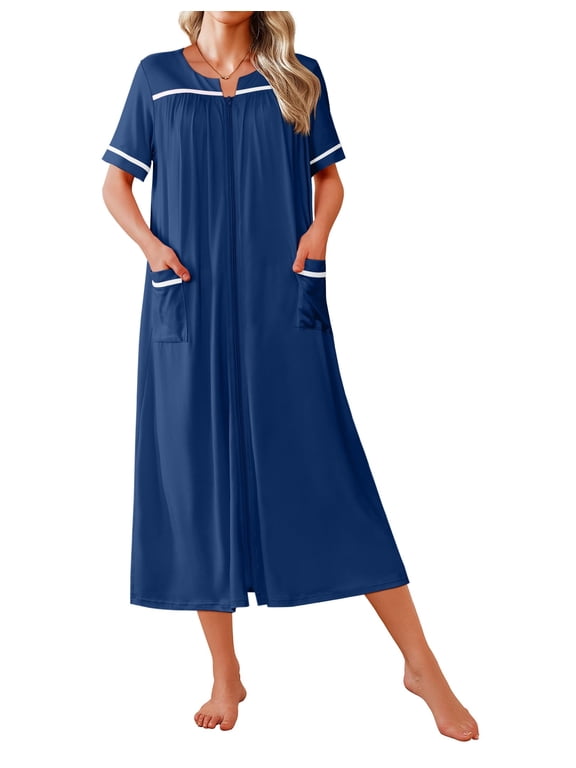 Women Zipper Robes Knit Short Sleeve House Coat Soft Bathrobe Full Length Housecoat Dressing Gown with Pockets