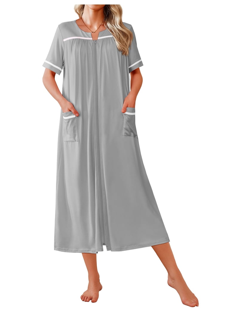 Ekouaer Women Zipper Robes Knit Short Sleeve House Coat Soft Bathrobe Full Length Housecoat Dressing Gown with Pockets Light Grey XXXL