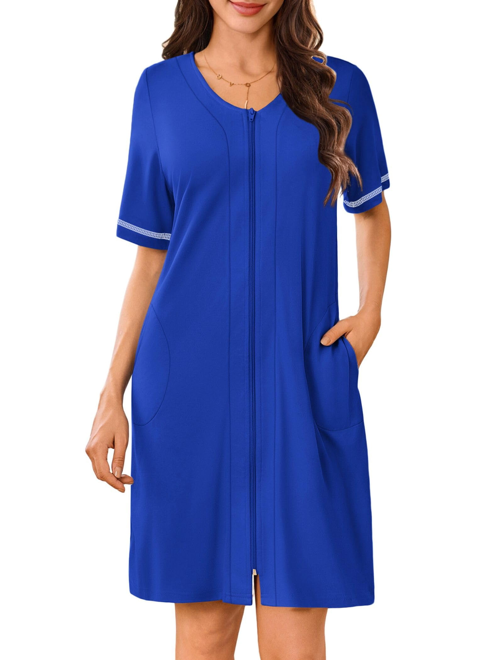 Ekouaer Women Zipper Robes Short Sleeves Housecoat Lightweight ...