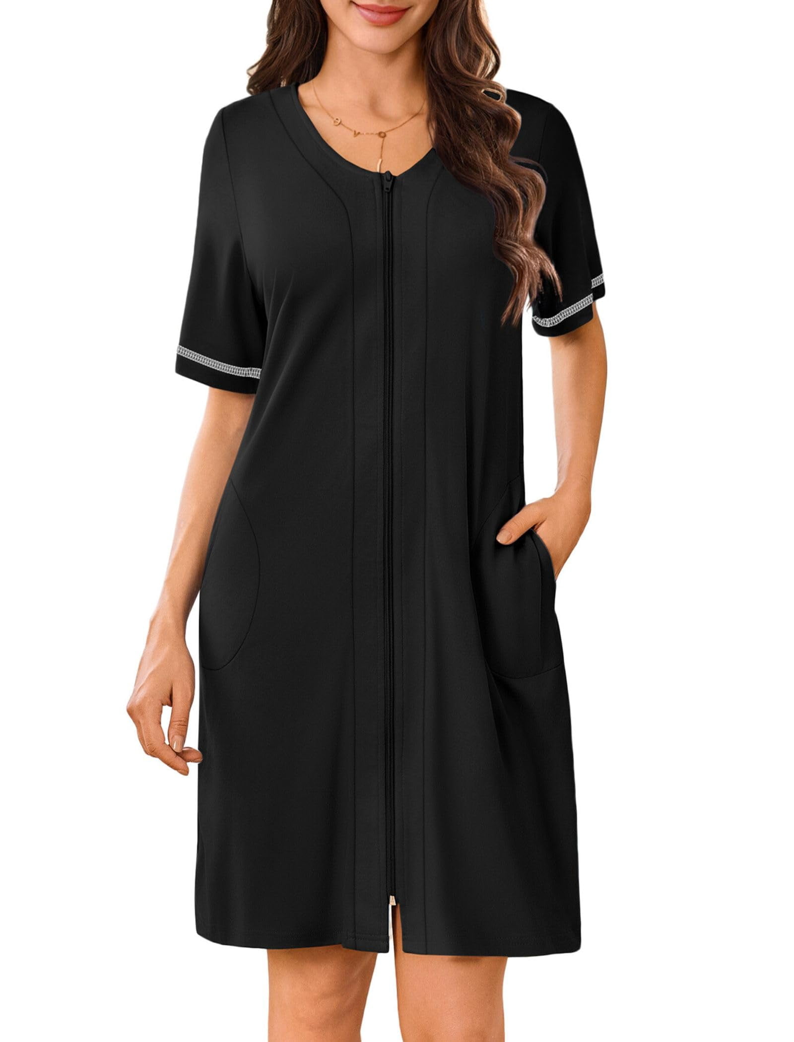 Ekouaer Women Zipper Robes Short Sleeves Housecoat Lightweight ...
