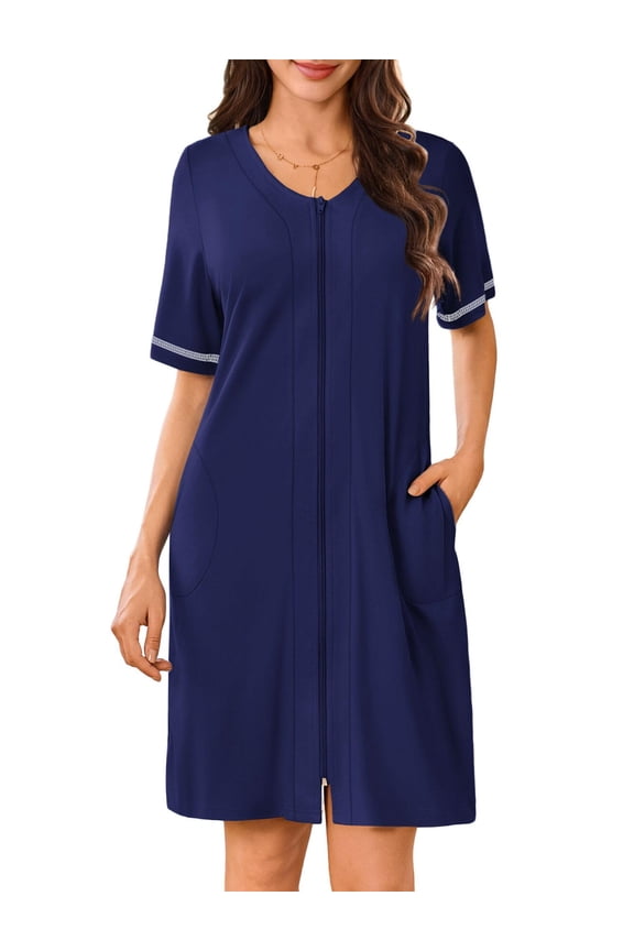 Women Zipper Robes Short Sleeves Housecoat Lightweight Bathrobes Zip Up Robe Casual Nightgown with Pockets