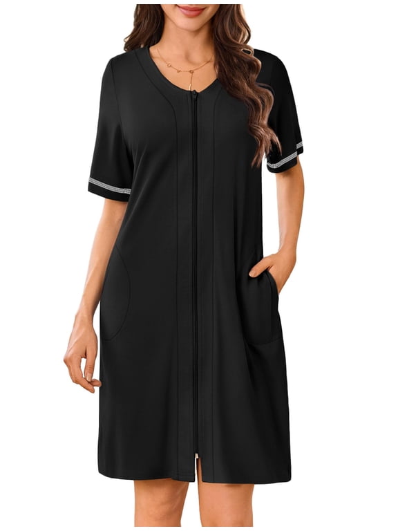 Women Zipper Robes Short Sleeves Housecoat Lightweight Bathrobes Zip Up Robe Casual Nightgown with Pockets