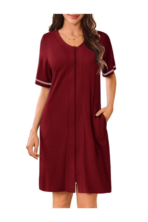 Women Zipper Robes Short Sleeves Housecoat Lightweight Bathrobes Zip Up Robe Casual Nightgown with Pockets