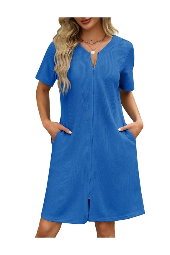Women Zipper Robes Waffle Short Bathrobe Lightweight House Coat with Pockets Soft Nightgown