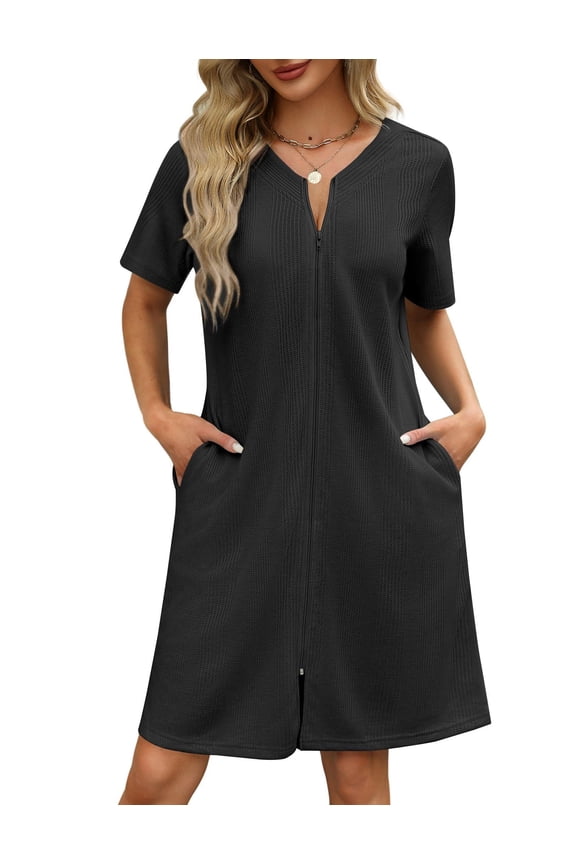 Women Zipper Robes Waffle Short Bathrobe Lightweight House Coat with Pockets Soft Nightgown