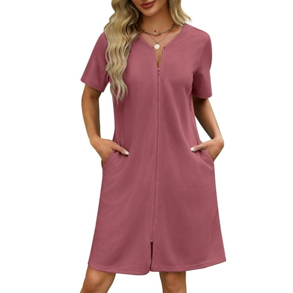 Ekouaer Women Zipper Robes Waffle Short Bathrobe Lightweight House Coat with Pockets Soft Nightgown
