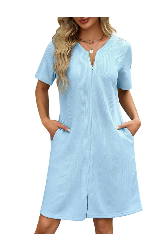 Women Zipper Robes Waffle Short Bathrobe Lightweight House Coat with Pockets Soft Nightgown