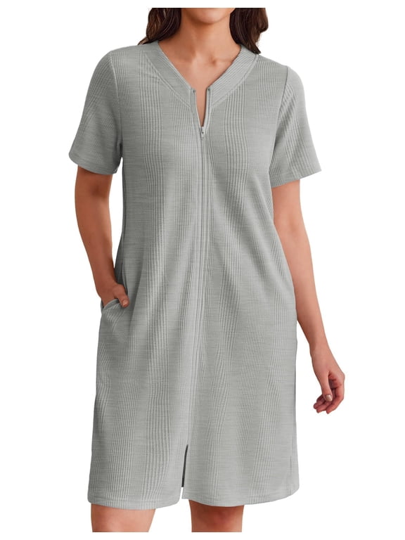 Women Zipper Robes Waffle Short Bathrobe Lightweight House Coat with Pockets Soft Nightgown