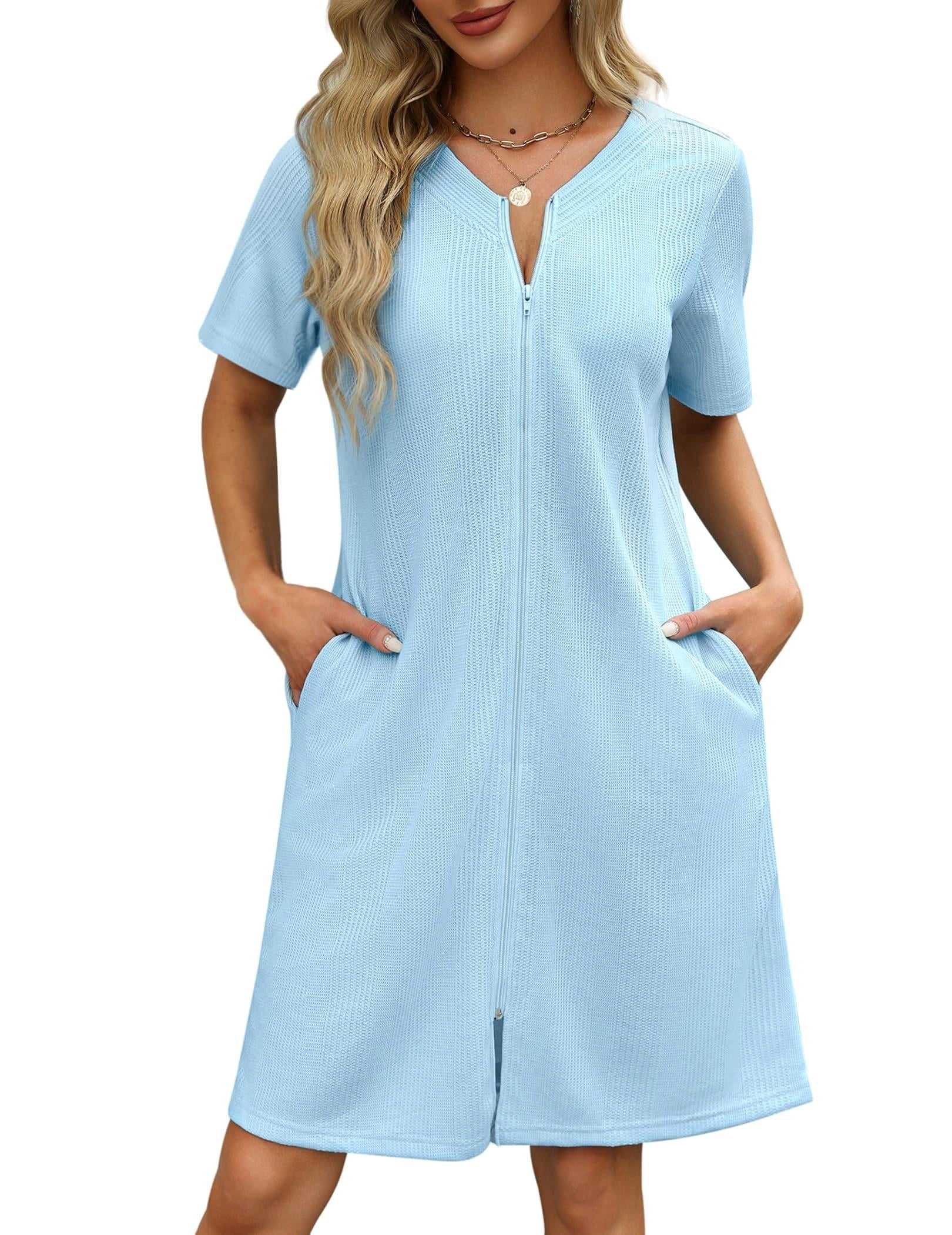 Ekouaer, Women Zipper Robe, Lightweight Short Bathrobe with Pockets ...