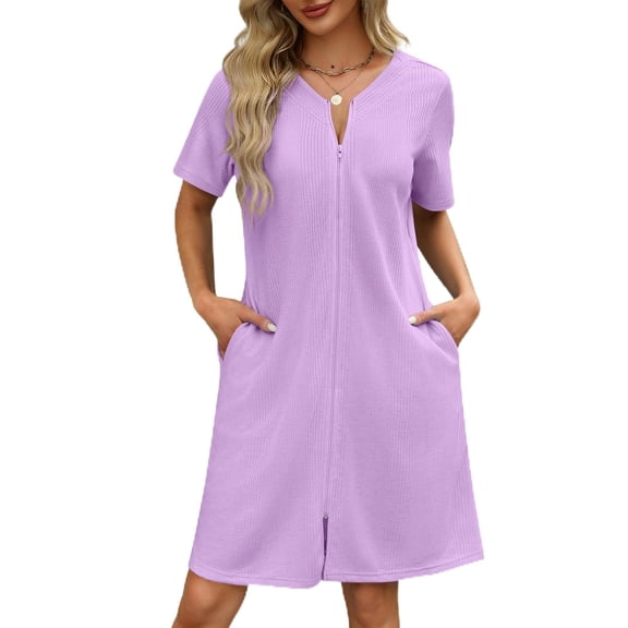 Ekouaer Women Zipper Robes Waffle Short Bathrobe Lightweight House Coat with Pockets Soft Nightgown