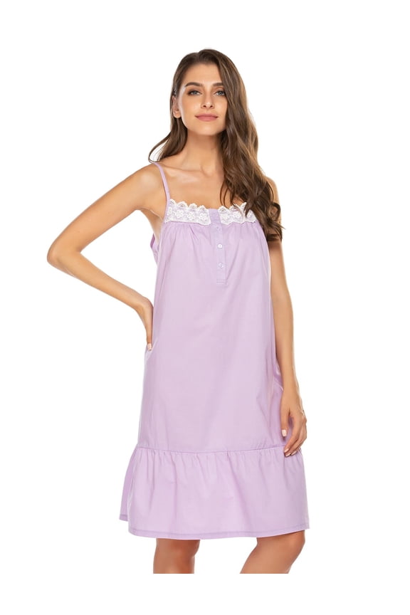 Women's 100% Cotton Lace Nightgown Sleeveless Sleep Dress Victorian Sleepshirt Button Strap Gown