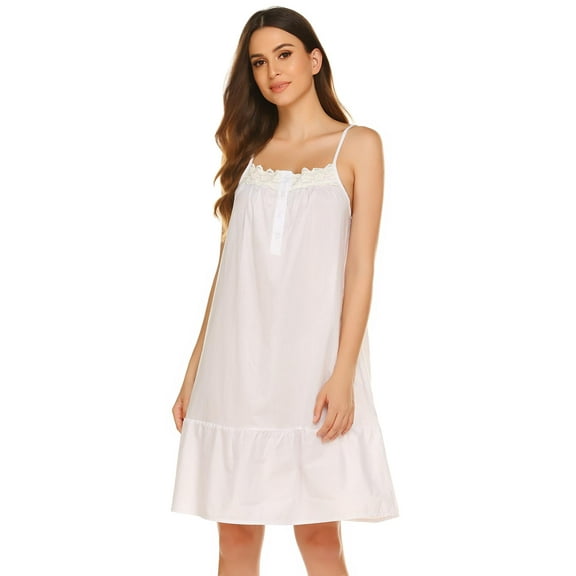 Ekouaer Women's 100% Cotton Lace Nightgown Sleeveless Sleep Dress Victorian Sleepshirt Button Strap Gown
