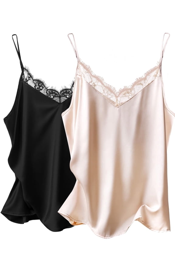 Women's Satin Camisole Lace Silk Satin Pajama Tank Tops V Neck Soft Spaghetti Strap Loose Sleepwear