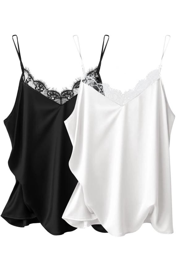 Women's Satin Camisole Lace Silk Satin Pajama Tank Tops V Neck Soft Spaghetti Strap Loose Sleepwear