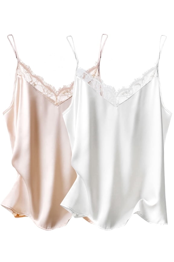 Women's Satin Camisole Lace Silk Satin Pajama Tank Tops V Neck Soft Spaghetti Strap Loose Sleepwear