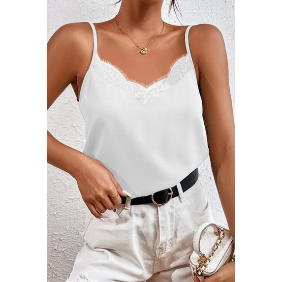 Ekouaer Women Satin Camisole Lace Silk Satin Pajama Tank Tops V Neck Soft Spaghetti Strap Loose Sleepwear