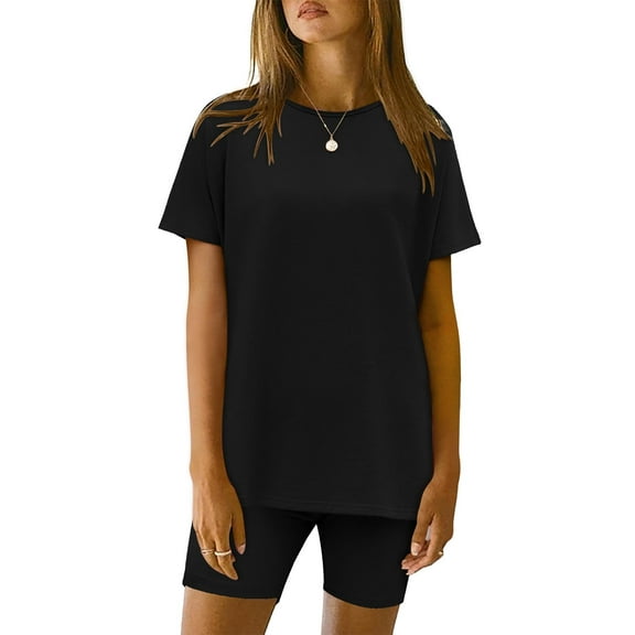 Ekouaer Women's 2 Piece Lounge Set 2025 Summer Biker Shorts Set Outfits Short Sleeve Oversized Top Matching Tracksuit