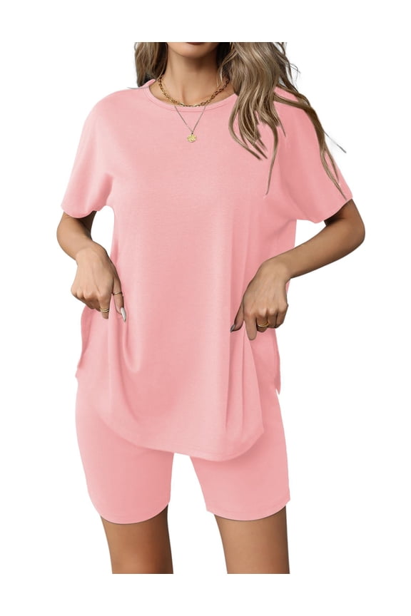 Women's 2 Piece Lounge Set 2025 Summer Biker Shorts Set Outfits Short Sleeve Oversized Top Matching Tracksuit