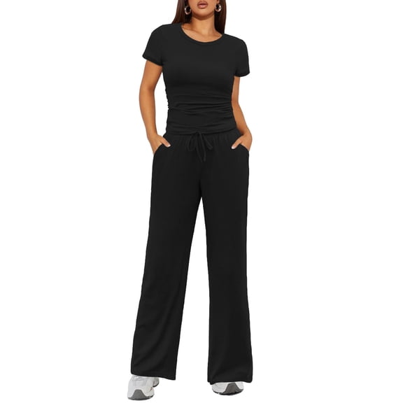 Ekouaer Women's 2 Piece Lounge Sets Ruched Short Sleeve Top and Wide Leg Pants Loungewear Tracksuit Sets with Pockets