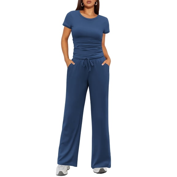 Ekouaer Women's 2 Piece Lounge Sets Ruched Short Sleeve Top and Wide Leg Pants Loungewear Tracksuit Sets with Pockets
