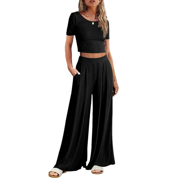 Ekouaer Women's 2 Piece Lounge Sets Short Sleeve Pajama Set Ribbed Knit Crop Top Wide Leg Pants Loungewear