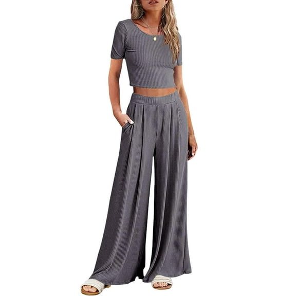 Ekouaer Women's 2 Piece Lounge Sets Short Sleeve Pajama Set Ribbed Knit Crop Top Wide Leg Pants Loungewear