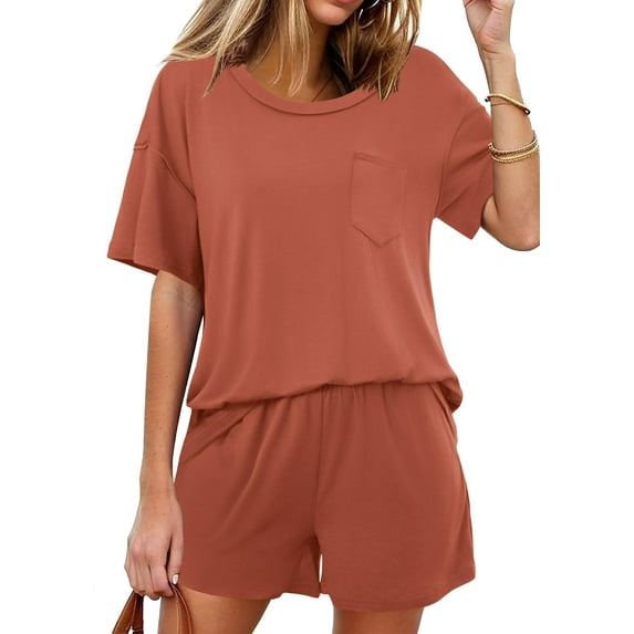 Ekouaer Women's 2 Piece Pajama Sets Short Sleeve Lounge Sets Soft Round Neck Top and Shorts Sleepwear