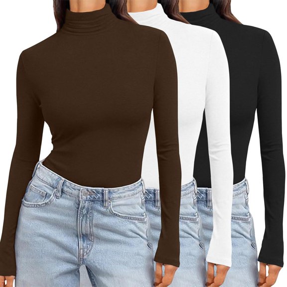 Ekouaer Women's 3 Pack Turtleneck Long Sleeve Shirts Slim Fit Thermal Underwear Tops Lightweight Pullover Tees