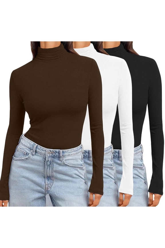 Women's 3 Pack Turtleneck Long Sleeve Shirts Slim Fit Thermal Underwear Tops Lightweight Pullover Tees
