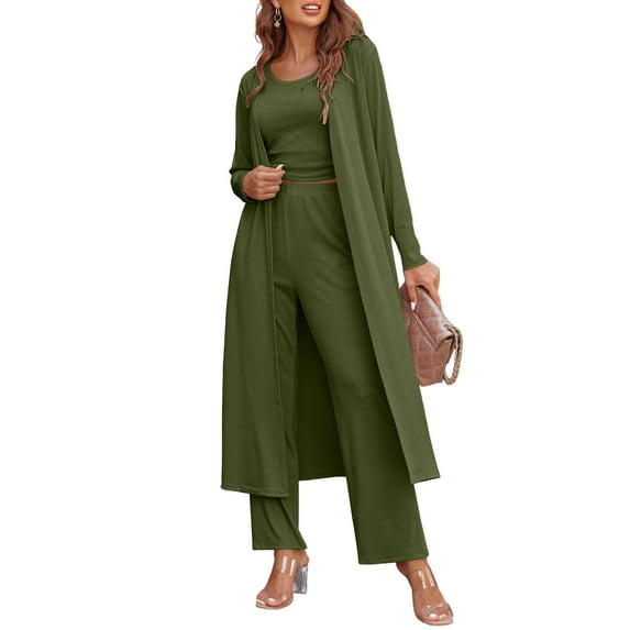 Ekouaer Women's Pajama Sets 3 Piece Lounge Set Long Sleeve Cardigan Sleeveless Top Pants Sweatsuit