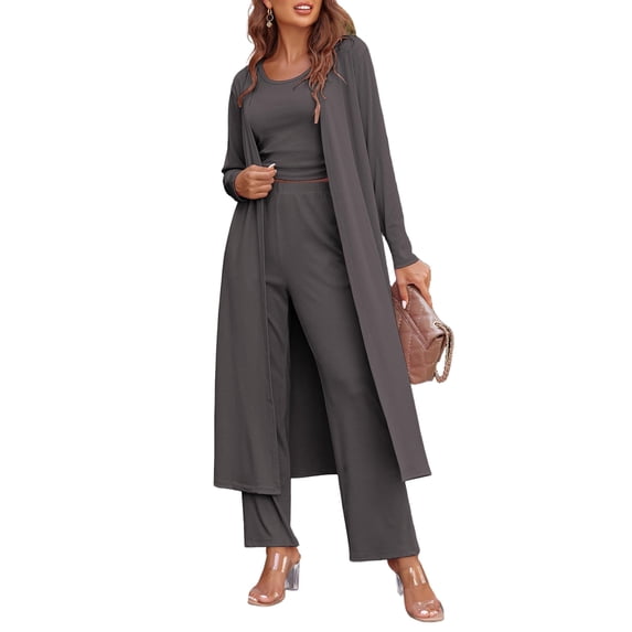 Ekouaer Women's Pajama Sets 3 Piece Lounge Set Long Sleeve Cardigan Sleeveless Top Pants Sweatsuit