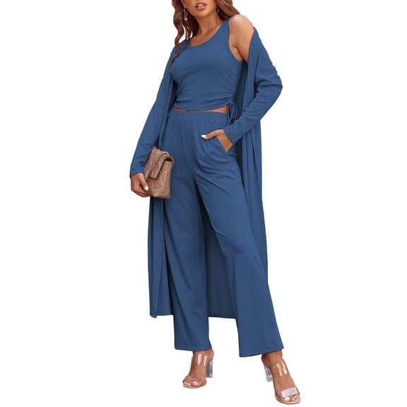 Ekouaer Women's 3 Piece Lounge Set Pajama Long Sleeve Cardigan Sleeveless Top Pants SweatsuitCadet BlueSmall