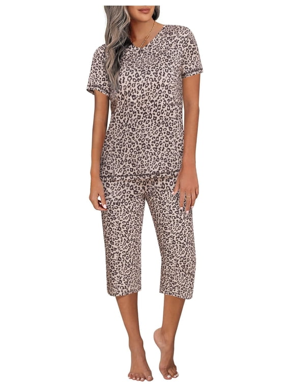 Women's Capri Lounge Sets 2 Piece Short Sleeve Pants Loungewear Outfits