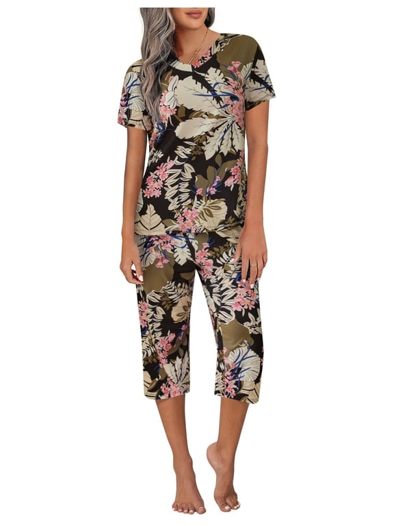 Women's Capri Lounge Sets 2 Piece Short Sleeve Pants Loungewear Outfits