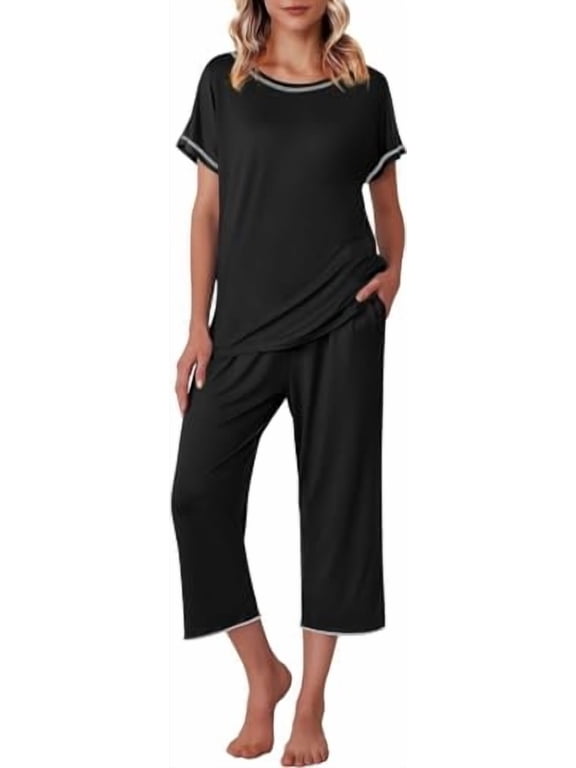 Women's Capri Pajama Sets Floral Print Short Sleeve Sleepwear Top and Capri Pants 2 Piece Loungewear with Pockets