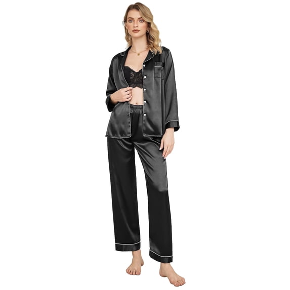 Ekouaer Women's Classic Button Down Long Satin Silk Pajama Set