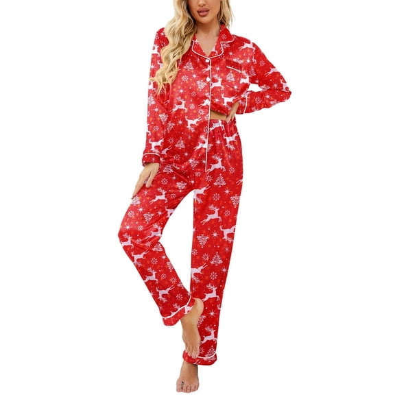 Ekouaer Women's Classic Button Down Long Satin Silk Pajama Set