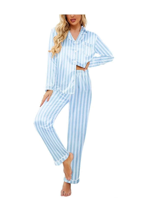 Women's Classic Button Down Long Satin Silk Pajama Set